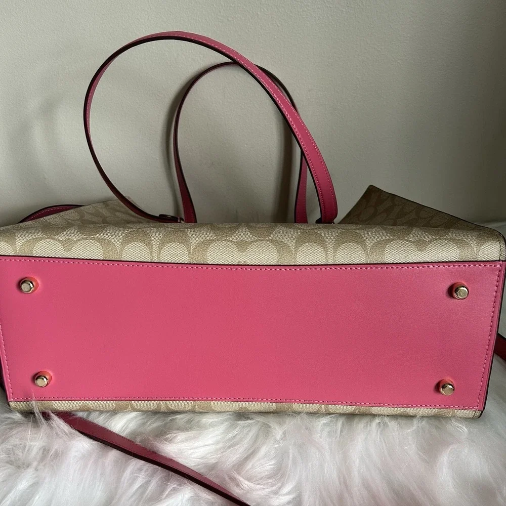Coach Tatum Carryall 28 Khaki‎ Pink Signature Canvas Leather Bag Excellent